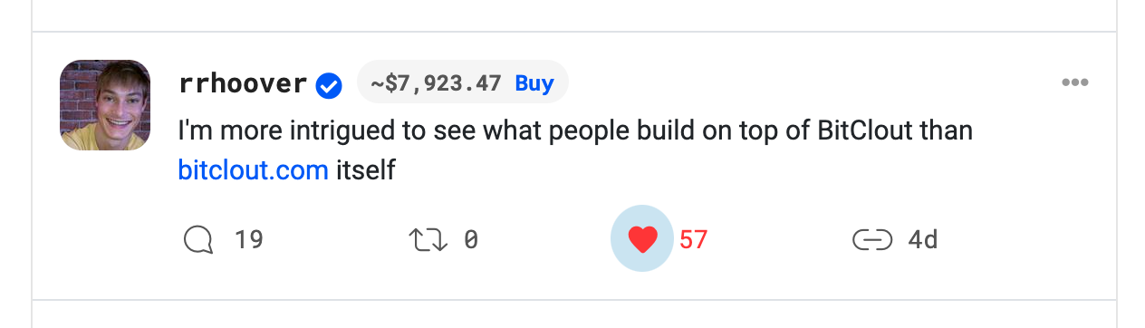 Post by Ryan Hoover saying “I’m more intrigued to see what people build on top of BitClout than bitclout.com itself”